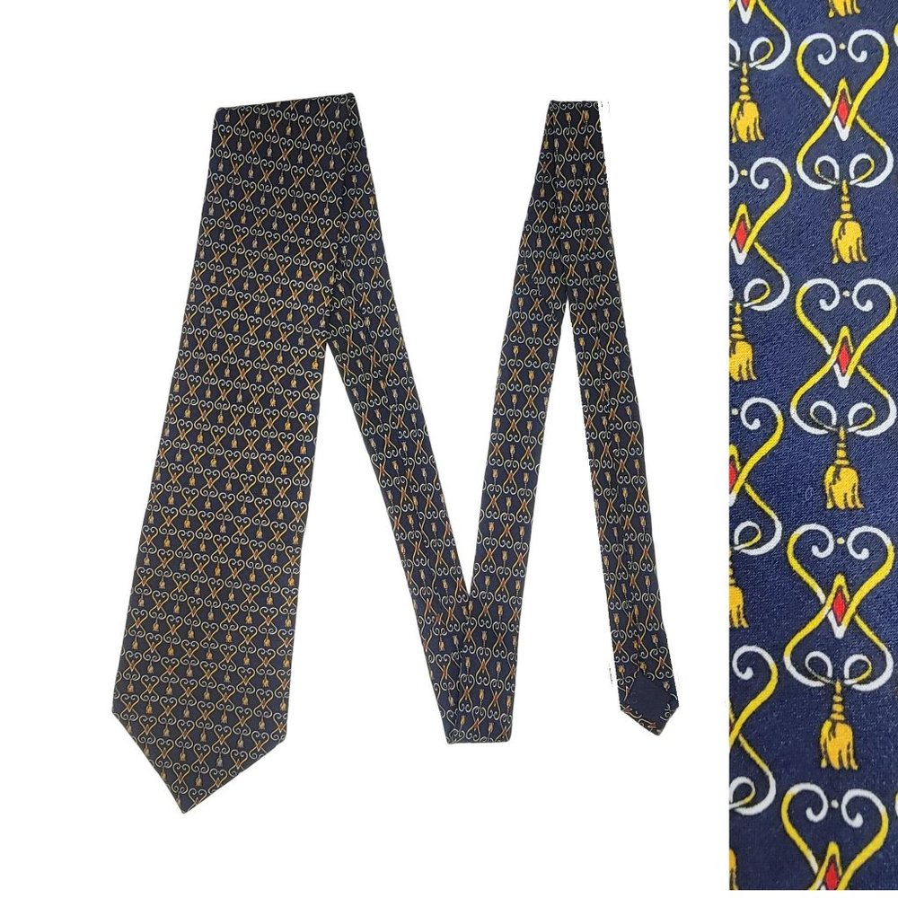 Vintage Louie Men’s hearts tassel design 100% silk tie Navy blue & gold 60.5x4